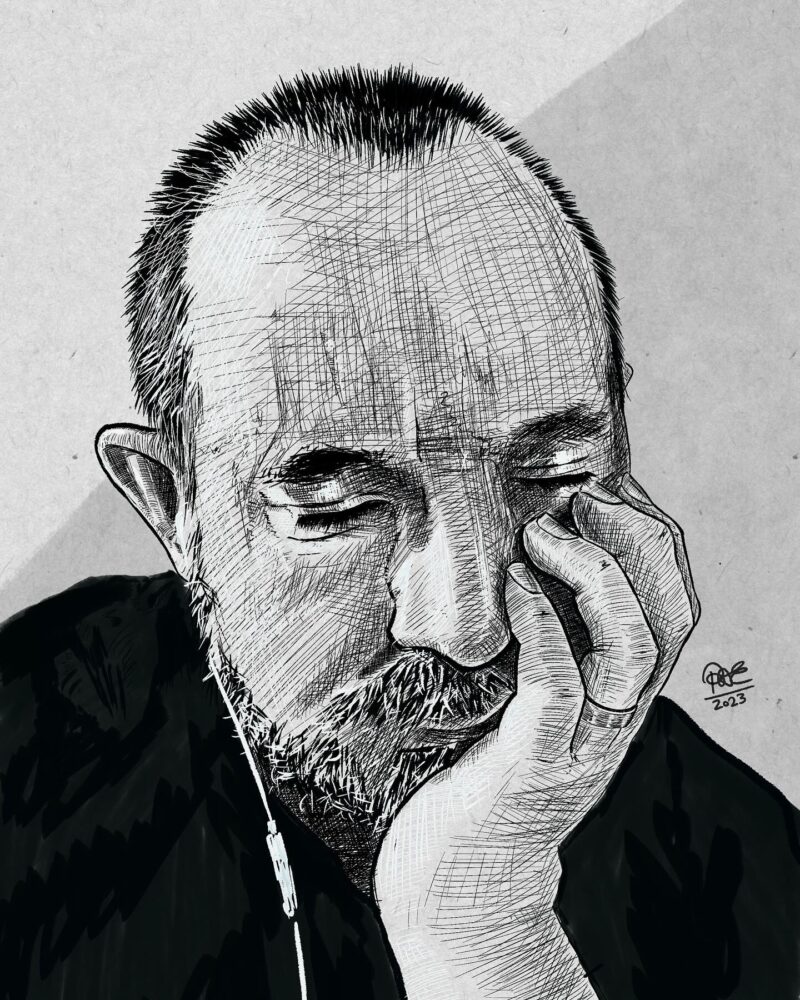 Self portrait drawn in a pen and ink style