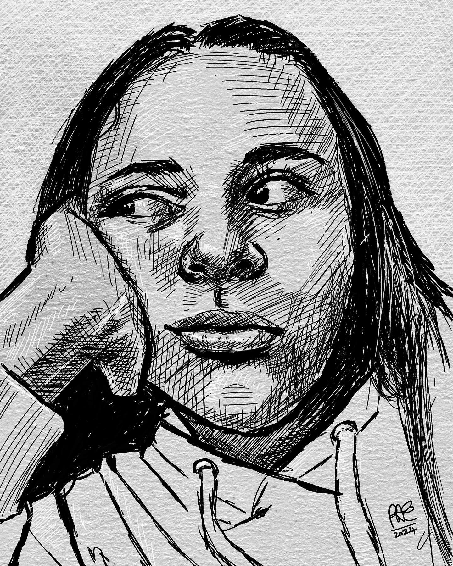 Pen and ink drawing of a woman looking like she wishes she was somewhere else