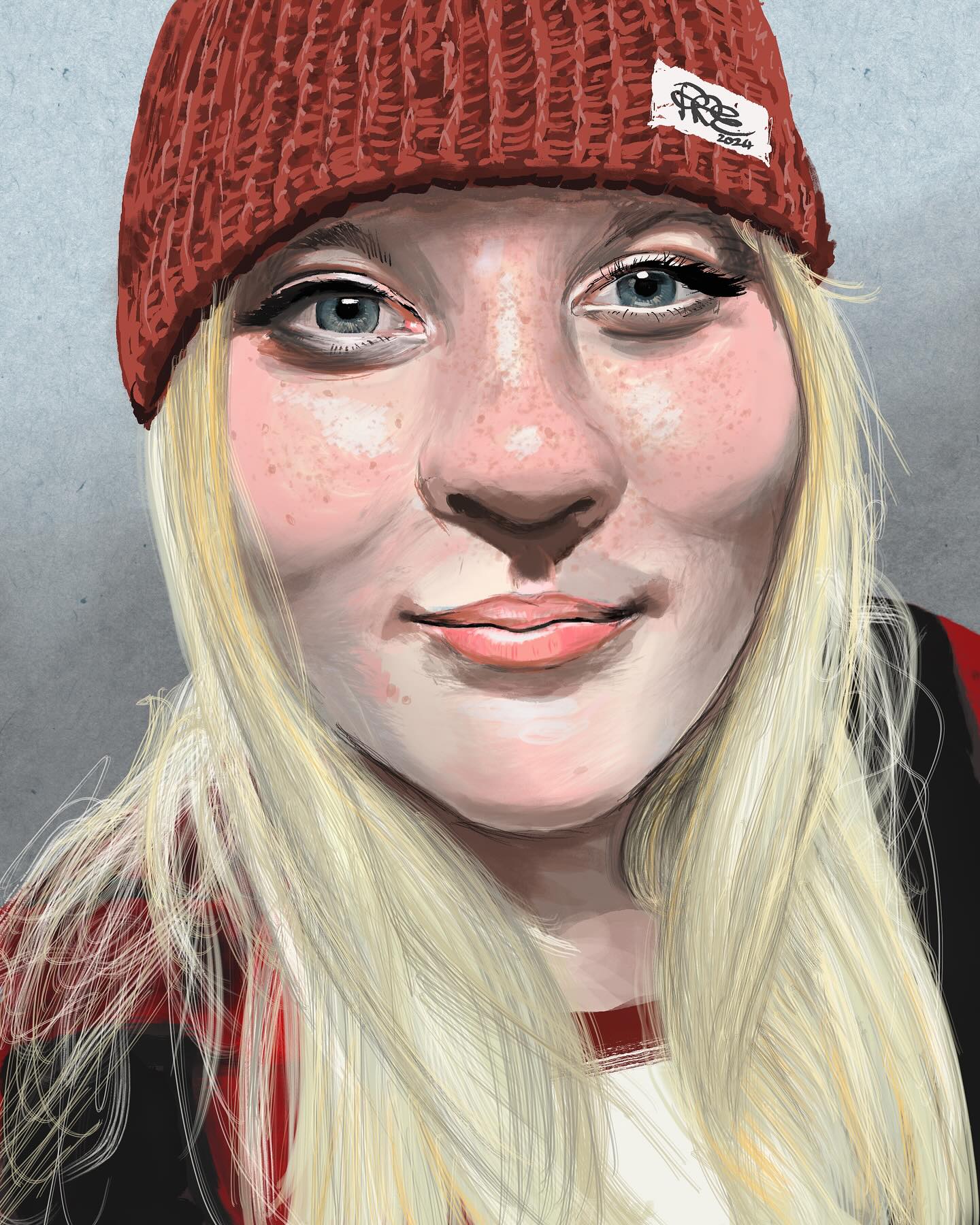 Digital painting of a woman in a red beanie